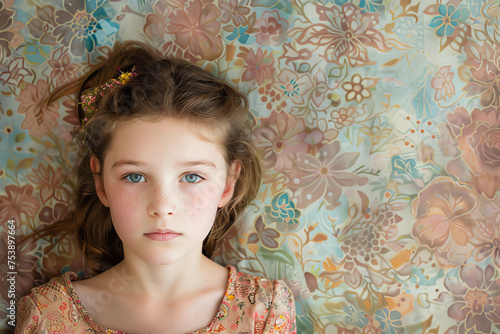 A wallpaper of a young girl with a pattern or a texture in the background