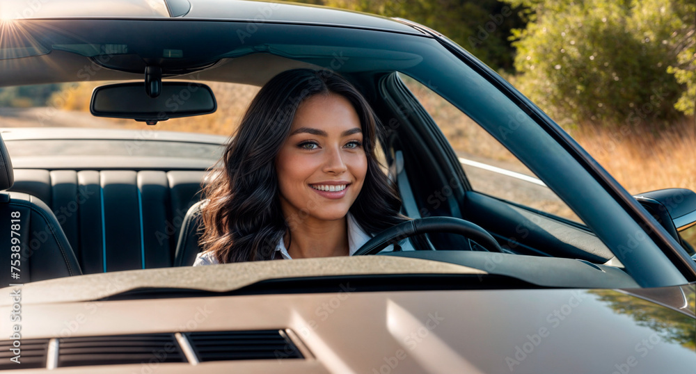 A woman with long dark hair is sitting behind the wheel of a car. She is smiling and looking at the camera. A woman with long dark hair is sitting behind the wheel of a car. She is smiling and looking at the camera.