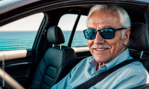 An older man wearing sunglasses sits in the driver's seat of a car with the ocean outside. © Mario