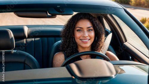 A woman with curly hair sits behind the wheel of a car.