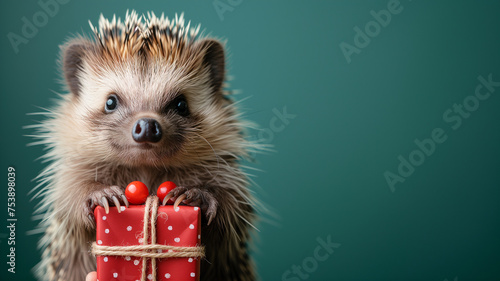 cute little hedgehog holding a gift