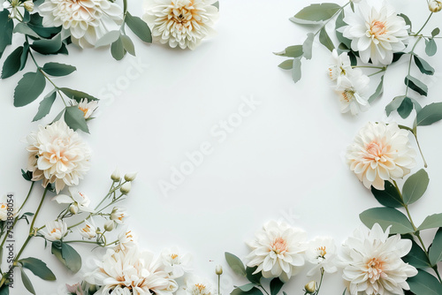 frame of flowers and leaves.Minimal Trendy social mockup or wallpaper with copy space.Top view,flat lay.Generative AI