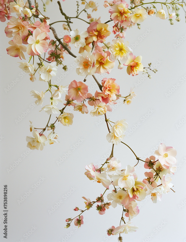 cherry blossom branch.Minimal creative nature concept.Copy space,top view,flat lay.Generative AI
