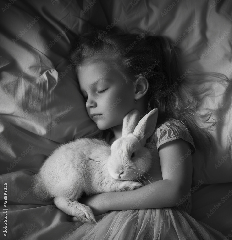 Black and white photo of child sleeping in bed with bunnie .Minimal creative Easter relaxing concept.Copy space,top view.Generative AI Black and white photo of child sleeping in bed with bunnie .Minimal creative Easter relaxing concept.Copy space,top view.Generative AI