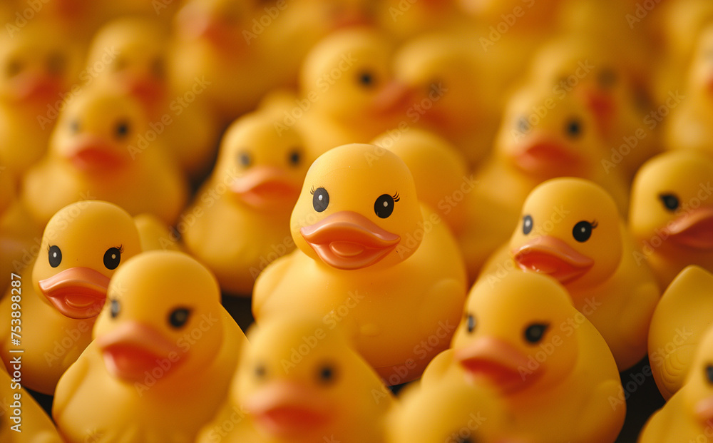 duck toy group.Minimal creative Easter toy concept.Copy space,top view,flat lay.Generative AI duck toy group.Minimal creative Easter toy concept.Copy space,top view,flat lay.Generative AI
