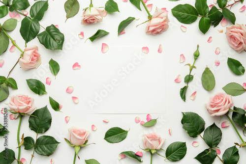 pink rose frame.Minimal creative nature card advertise concept .Trendy social mockup or wallpaper with copy space.Top view,flat lay.Generative AI