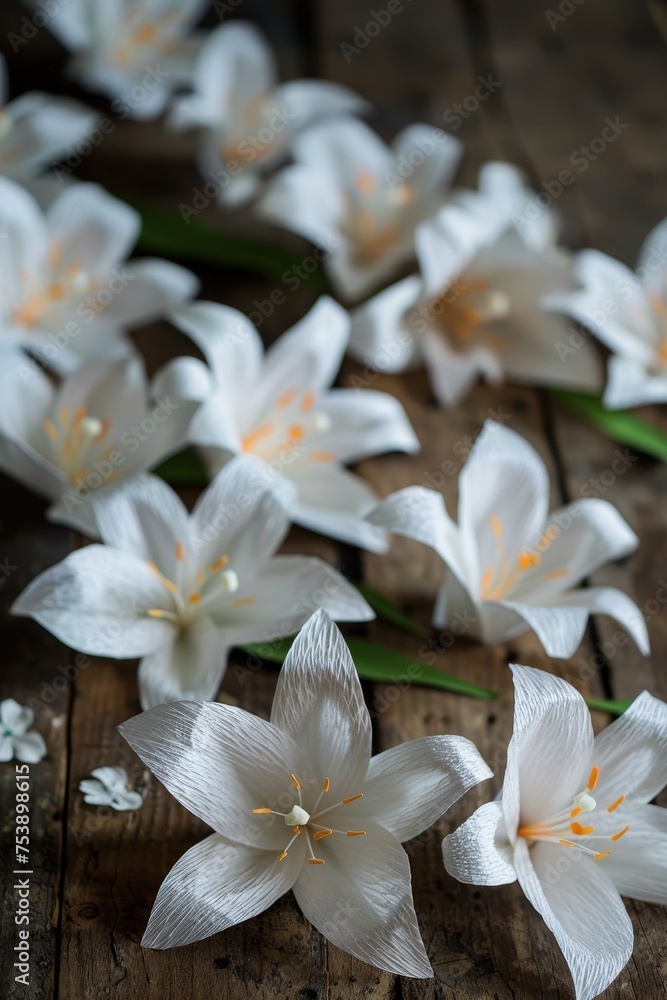 Blooming with Hope: A Collection of Intricately Made Paper Easter Lilies on an Old Wooden Surface Blooming with Hope: A Collection of Intricately Made Paper Easter Lilies on an Old Wooden Surface