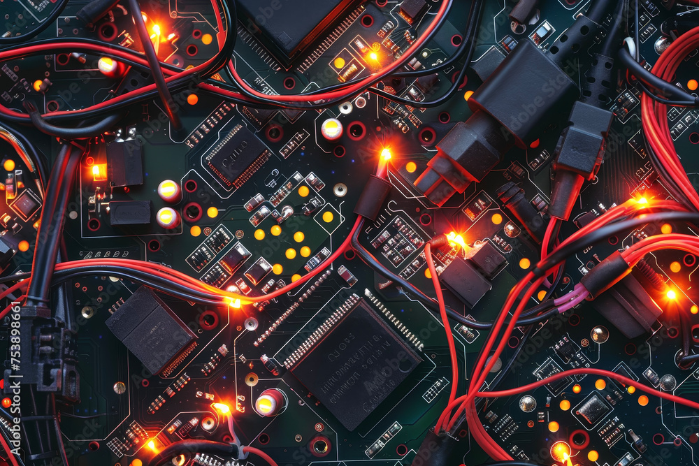 A texture of a circuit board with wires, chips, and lights