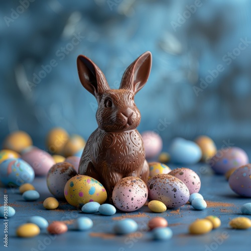Chocolate easter bunny with easter egg decoration, isolated on blue background. Luxury chocolate, Easter holiday. Delicious milk, dark chocolate bunny. 