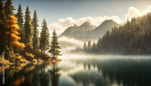 Serene Autumn Morning at the Mountain Lake