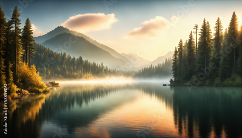 Autumnal Dawn over Tranquil Mountain Lake