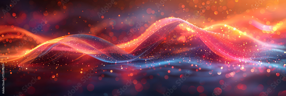 Futuristic Technology Lines Background with Light,
Colorful abstract wave lines running horizontally on dark background 