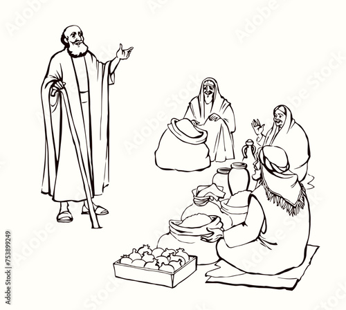 Ancient Jewish market. Vector drawing
