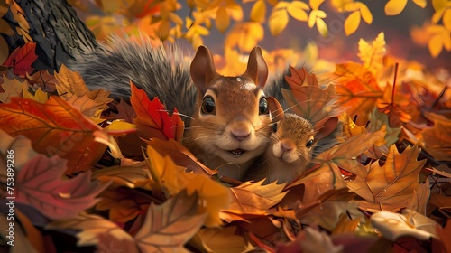 Nestled in a pile of autumn leaves  the curious character plays peek-a-boo with a friendly squirrel  both sharing a moment of pure joy.