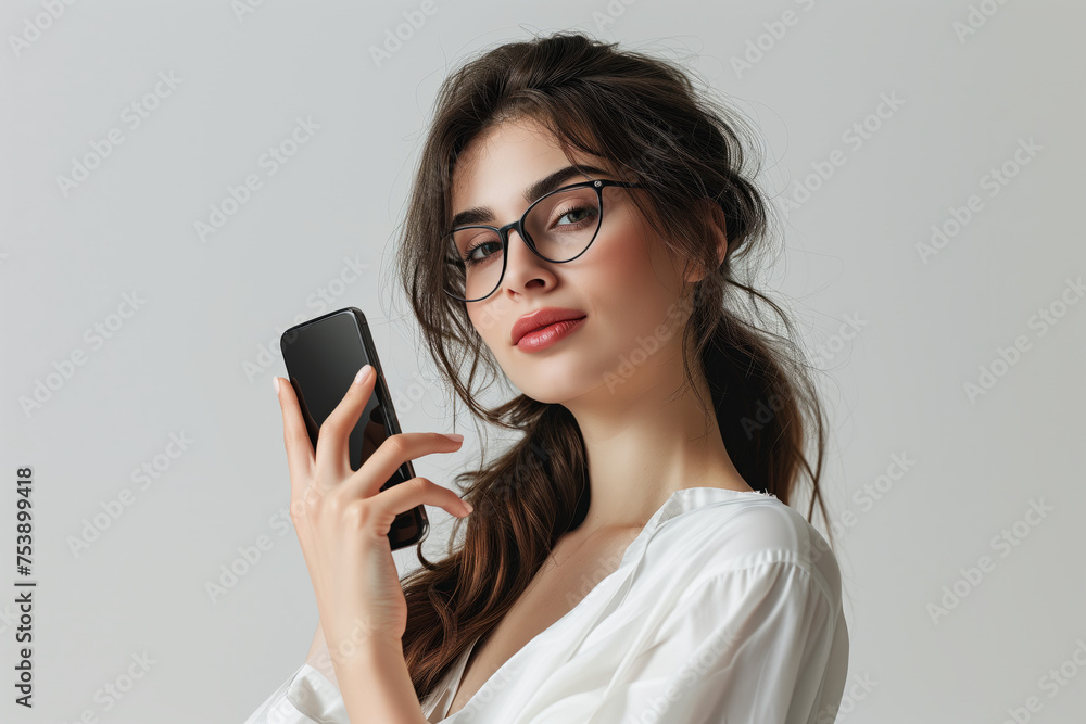 A woman wearing glasses is holding a cell phone in her hand on light gray background