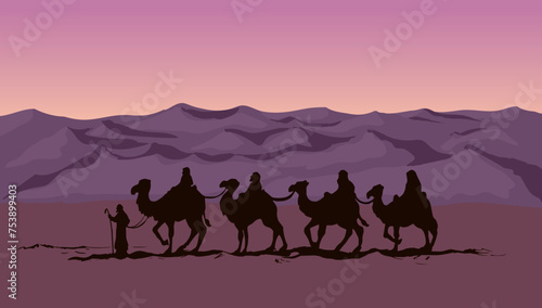 Camel caravan travels. Vector drawing