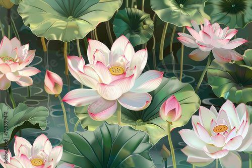 A pattern of lotus with petals, buds, and stems of the sacred flower in a pond or a vase
