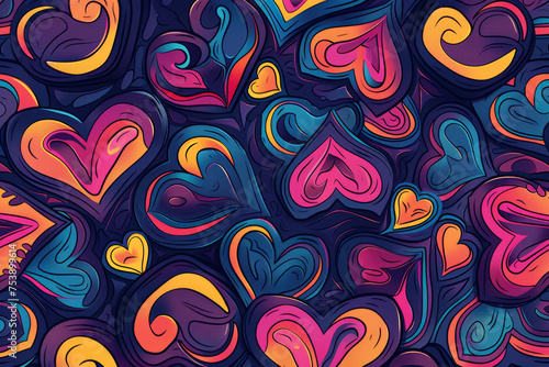 A pattern of hearts with curves, outlines, and fills