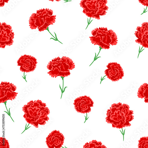 Red carnations seamless pattern. Floral vector background. Cartoon illustration of beautiful bright flowers.
