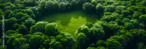 Aerial of Thick Wood of Green Trees Beside Paddocks , Aerial view of a glade meadow in a green forest 
