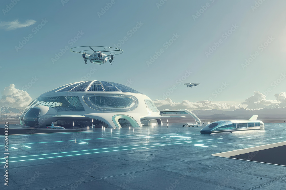 A futuristic airport with a dome, a maglev train, a solar panel, and a drone A futuristic airport with a dome, a maglev train, a solar panel, and a drone