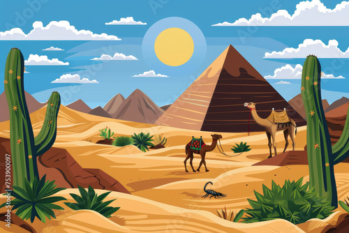 A desert scene with a pyramid  a camel  a cactus  and a scorpion