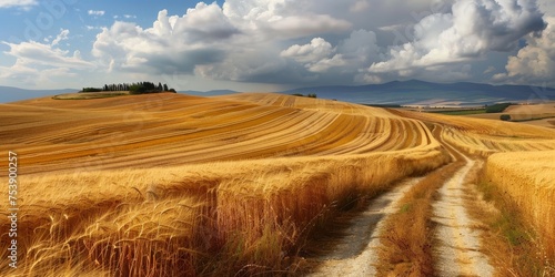 A field of golden wheat with a road running through it photo