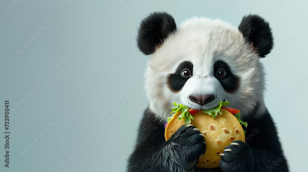 A baby panda eats a taco against a soft blue background. A baby panda eats a taco against a soft blue background.