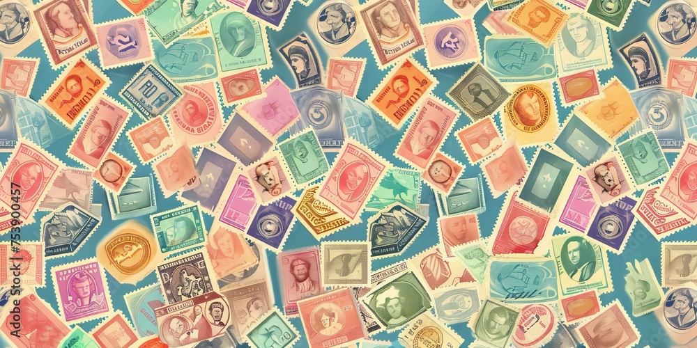A colorful image of many different stamps from various countries