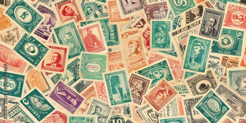 A colorful collage of stamps from around the world