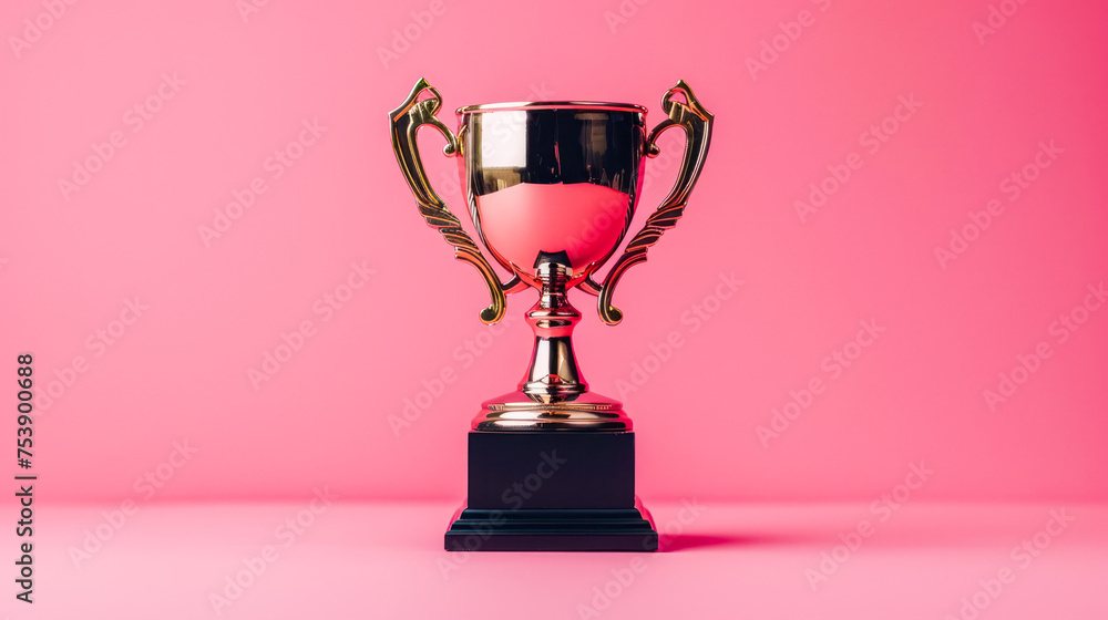 Fototapeta premium Elegant Gold and Silver Trophy Cup on a Black Base Against a Pink Background