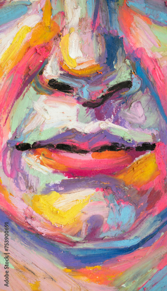 Fragment of an abstract painting, lips of a beautiful girl. Conceptual abstract close-up of oil pastel.