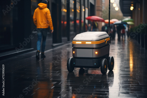 Autonomous delivery robot on a rainy city street