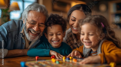 A happy family plays a board game at home. Grandpa and his grandchildren spend time together. photo