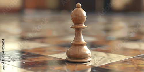 A wooden chess piece is on a checkered floor