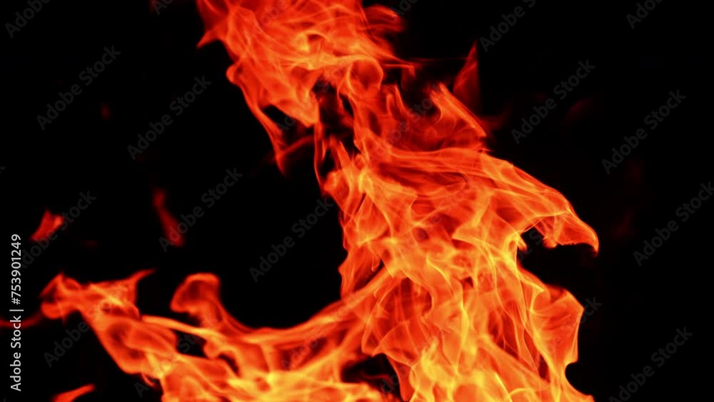 Red flame going up in the darkness. Isolated view of campfire burning at night. Close up. Red flame going up in the darkness. Isolated view of campfire burning at night. Close up.