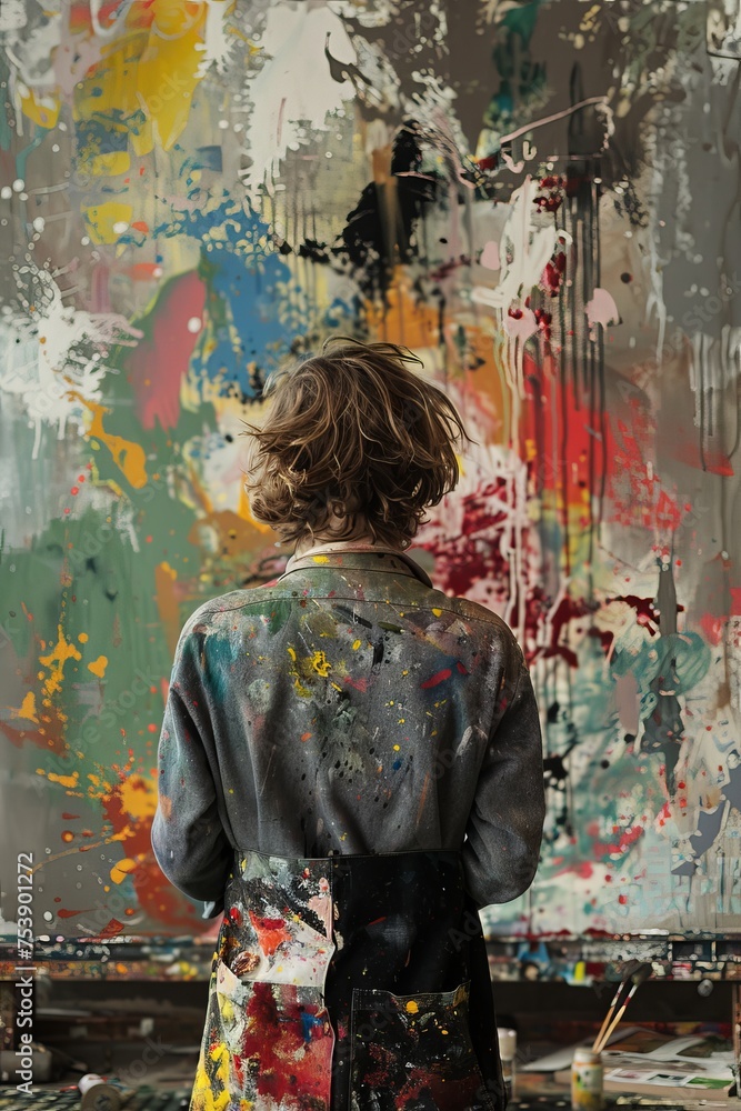 Fototapeta premium A woman stands in front of a large painting with splatters of paint on her shirt