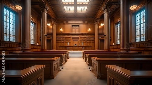 Interior of Empty courtroom or courtroom.
