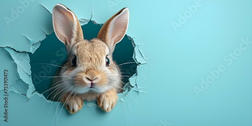 Playful bunny emerges from torn hole in vibrant blue wall. Concept Artistic Photography, Whimsical Portrait, Creative Props
