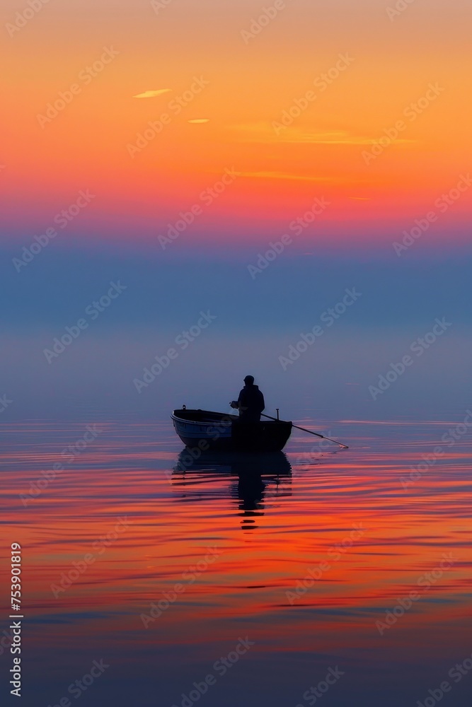 A man is sitting in a boat on a lake at sunset