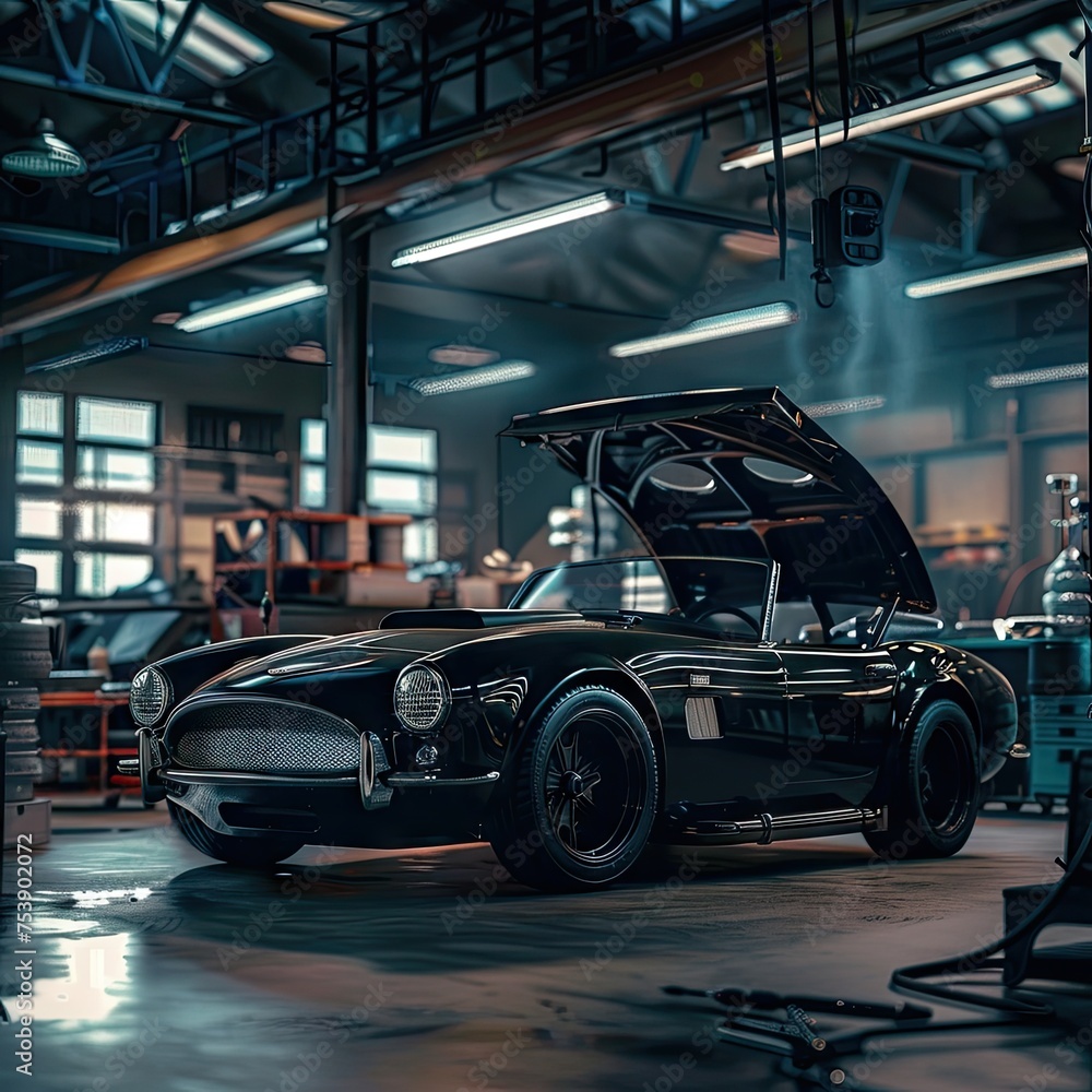 Fototapeta premium A Beautiful Car Standing In A Car Repair Shop With The Hood Open