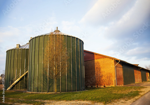 silo tower, Grain storage tank, grain dryer, Spacious metal structure for storing seeds on the farm, flat bottom silos, elevator