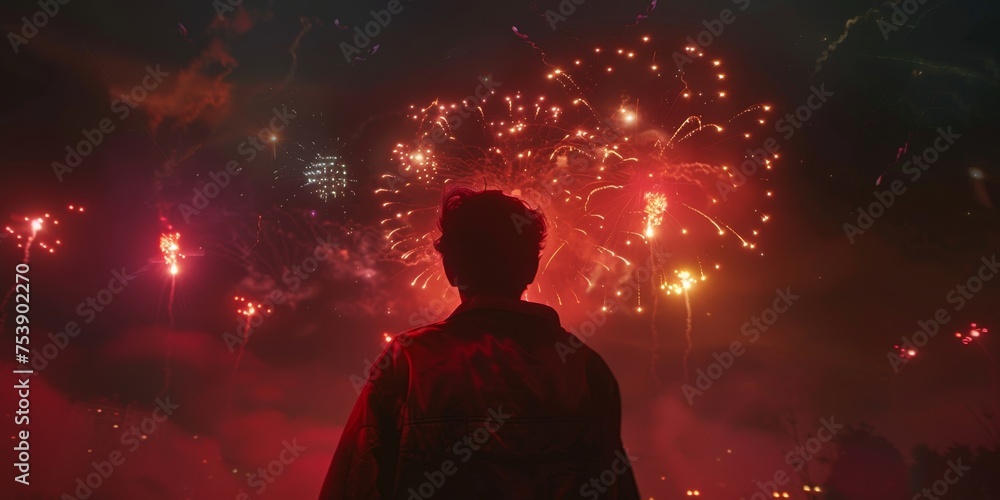 A man stands in front of a fireworks display