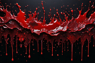 Close up of blood splatter isolated on black background with three dimensional lighting, detailed blood explosion, studio shot. Violence and horror concept