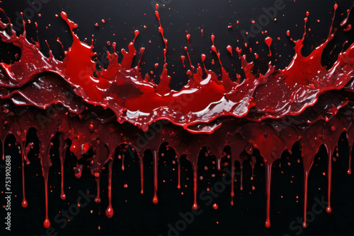 Close up of blood splatter isolated on black background with three dimensional lighting, detailed blood explosion, studio shot. Violence and horror concept