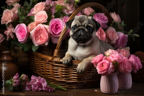 Cute Pug puppy in basket with a bouquet of flowers, spring greeting card with small doggy photo