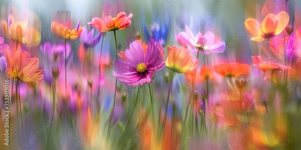 A field of flowers with a variety of colors including pink, orange, and blue