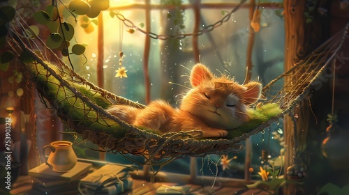 Nestled in a cozy hammock, the cute character swings gently back and forth, its eyes drooping with sleepiness as it drifts off into a peaceful nap.