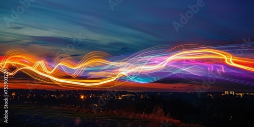 A colorful  long  and wavy line of lights in the sky