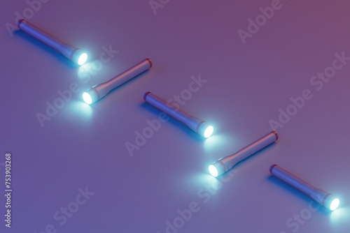 a row of flashlight emitting light